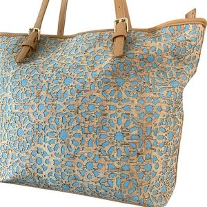 Miztique Cork & Tan Laser-Cut Summer Tote Bag Purse with Denim Blue Underlay